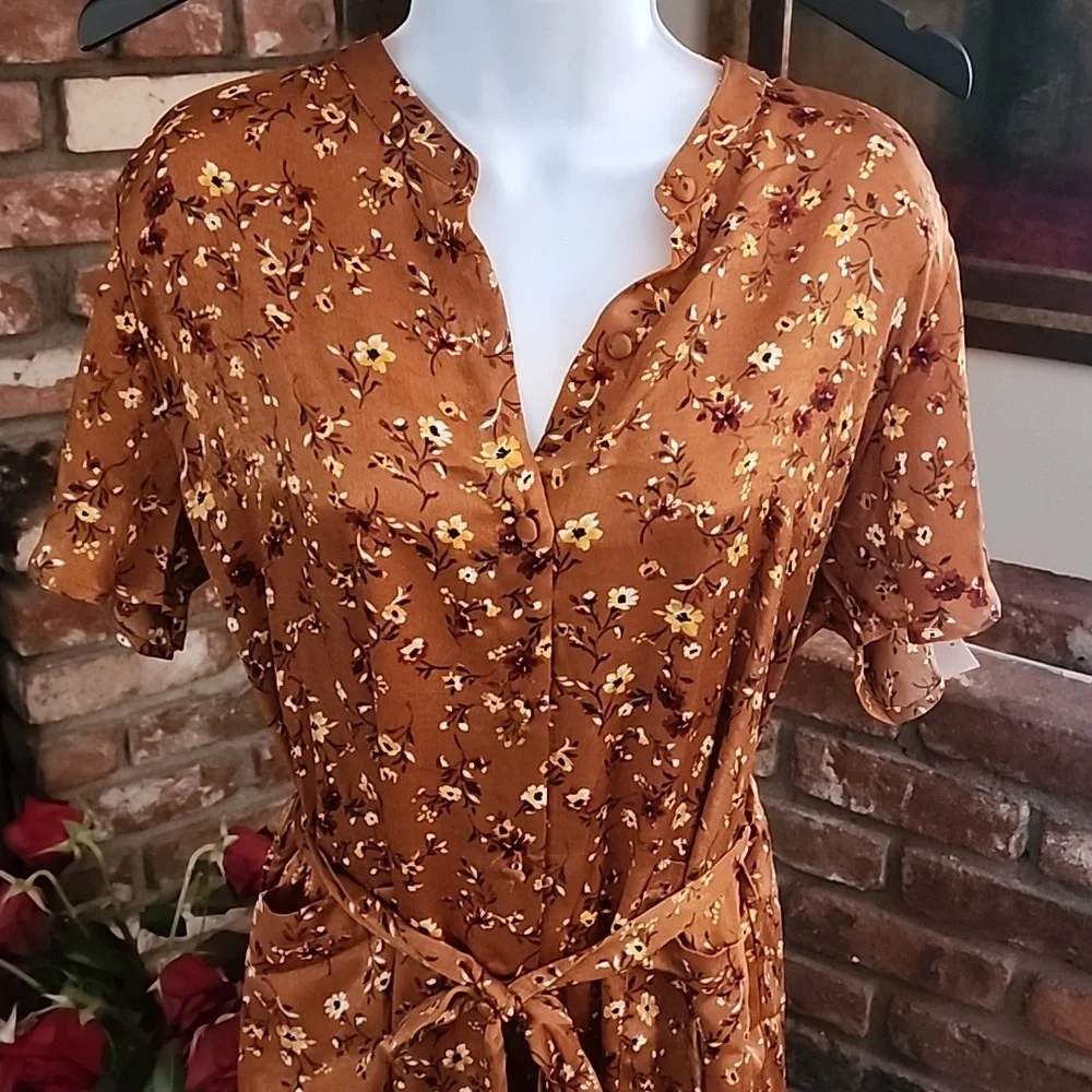 Lovestitch Rust Floral Wrap Midi Dress Boho Chic Tie Waist - Picture 4 of 10